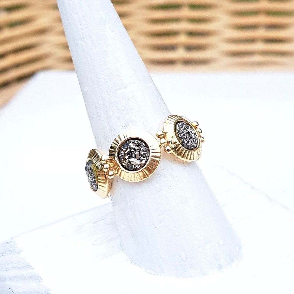 14K Yellow Gold Milor Italy Gray Druzy Medallion Link Ring - Picture 10 of 14